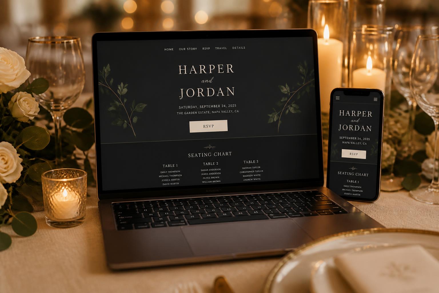 Digitale Hochzeitseinladung mit RSVP und Sitzplan auf Laptop und Smartphone